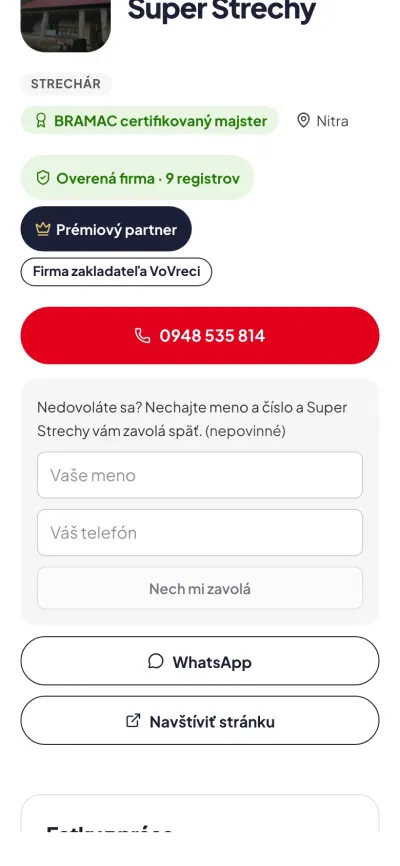 Profil firmy s tlačidlom na zavolanie a WhatsApp